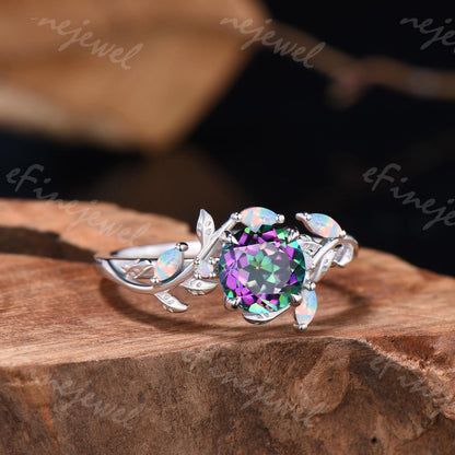 Nature Inpired Mystic Topaz Engagement Ring, Marquise Opal Twig Vine Band Wedding Band