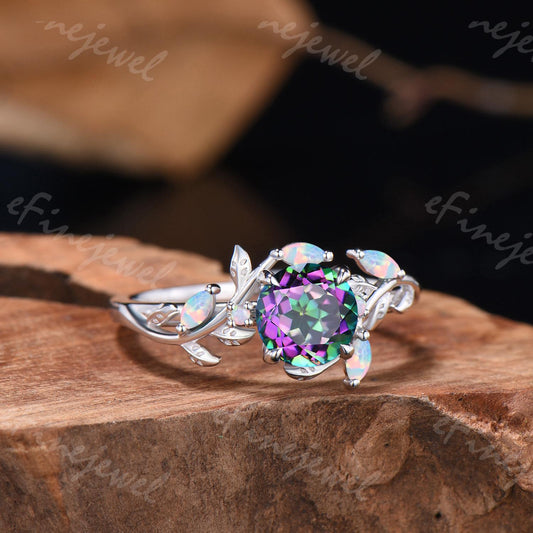 Nature Inpired Mystic Topaz Engagement Ring, Marquise Opal Twig Vine Band Wedding Band