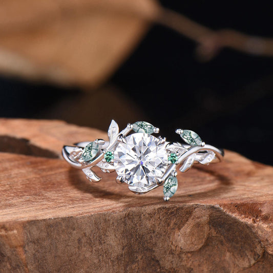 1 Carat Moissanite Nature Inspired moissanite engagement ring, Moss Agate Twig Ring: