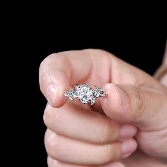 1 Carat Moissanite Nature Inspired moissanite engagement ring, Moss Agate Twig Ring: