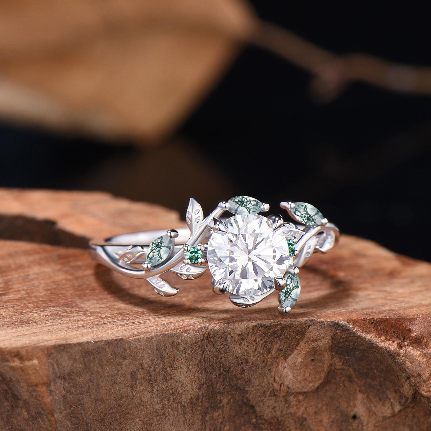1 Carat Moissanite Nature Inspired moissanite engagement ring, Moss Agate Twig Ring: