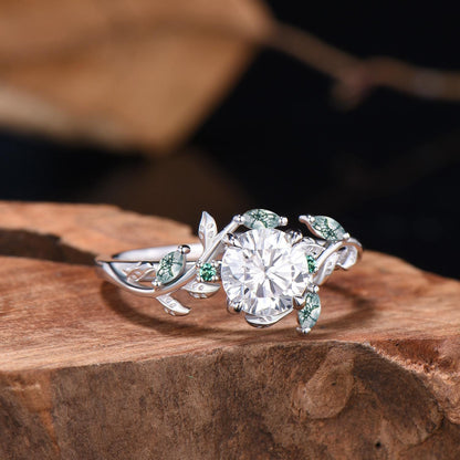 1 Carat Moissanite Nature Inspired moissanite engagement ring, Moss Agate Twig Ring: