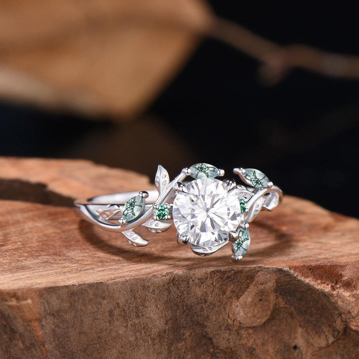 1 Carat Moissanite Nature Inspired moissanite engagement ring, Moss Agate Twig Ring: