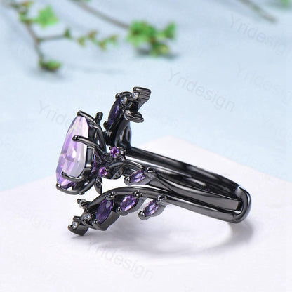 Unique Cage Leafy Lavender Amethyst Wedding Ring Set Nature Inspired Kite Cut Amethyst Engagement Ring Set Black Gold Knight 2Pcs Bridal Set - PENFINE