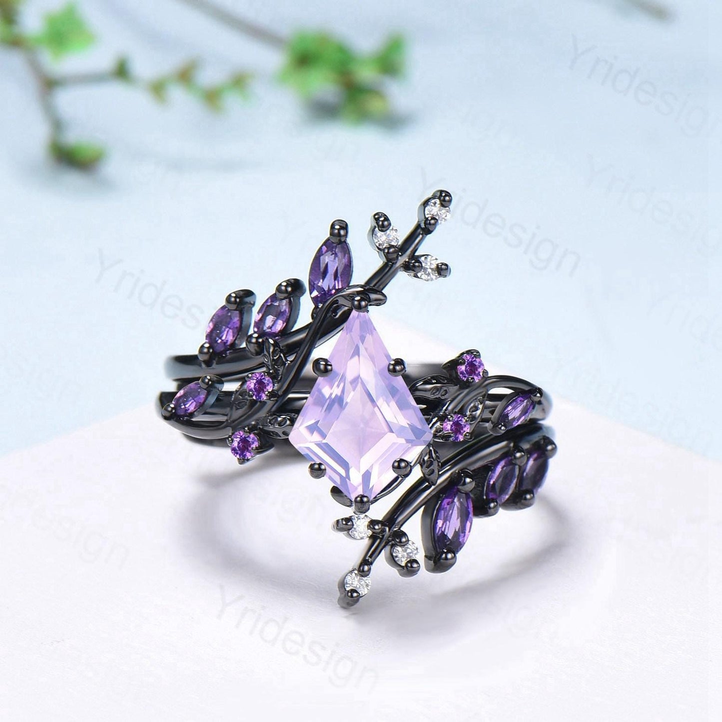 Unique Cage Leafy Lavender Amethyst Wedding Ring Set Nature Inspired Kite Cut Amethyst Engagement Ring Set Black Gold Knight 2Pcs Bridal Set - PENFINE