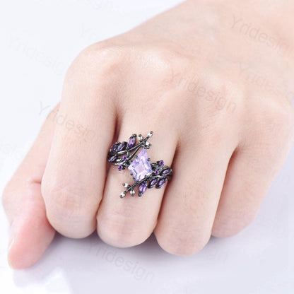 Unique Cage Leafy Lavender Amethyst Wedding Ring Set Nature Inspired Kite Cut Amethyst Engagement Ring Set Black Gold Knight 2Pcs Bridal Set - PENFINE