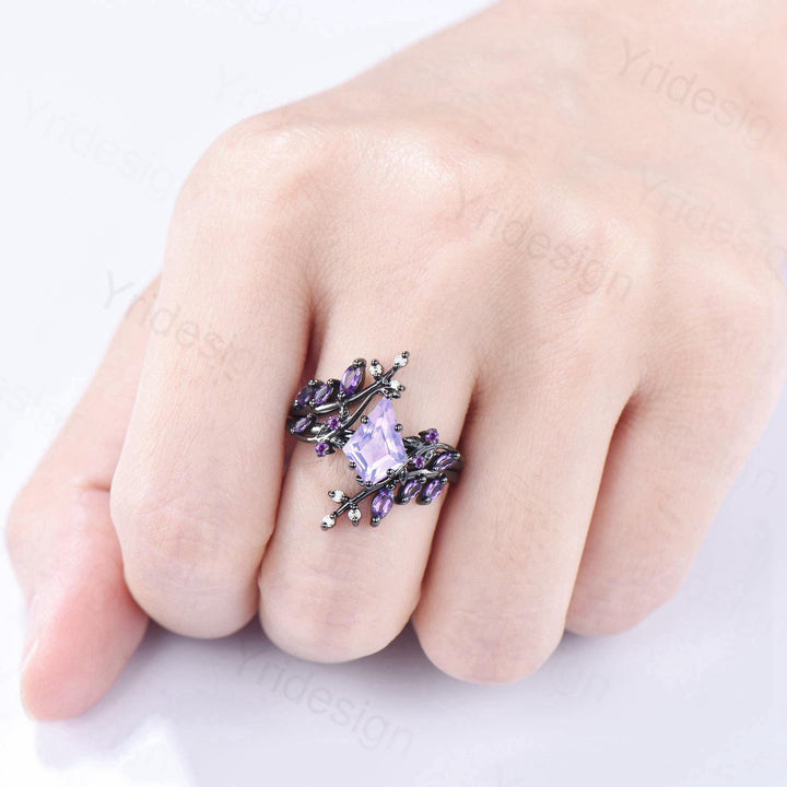 Unique Cage Leafy Lavender Amethyst Wedding Ring Set Nature Inspired Kite Cut Amethyst Engagement Ring Set Black Gold Knight 2Pcs Bridal Set - PENFINE