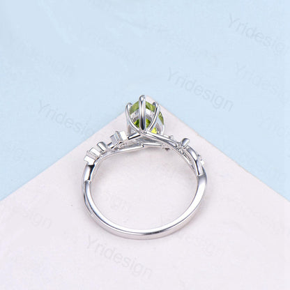Vintage Peridot Engagement Ring Pear Shaped 14K White Gold Moon Star Emerald Wedding Ring August Birthstone Anniversary Promise Ring Gift - PENFINE