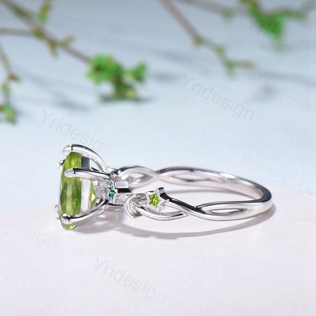 Vintage Peridot Engagement Ring Pear Shaped 14K White Gold Moon Star Emerald Wedding Ring August Birthstone Anniversary Promise Ring Gift - PENFINE