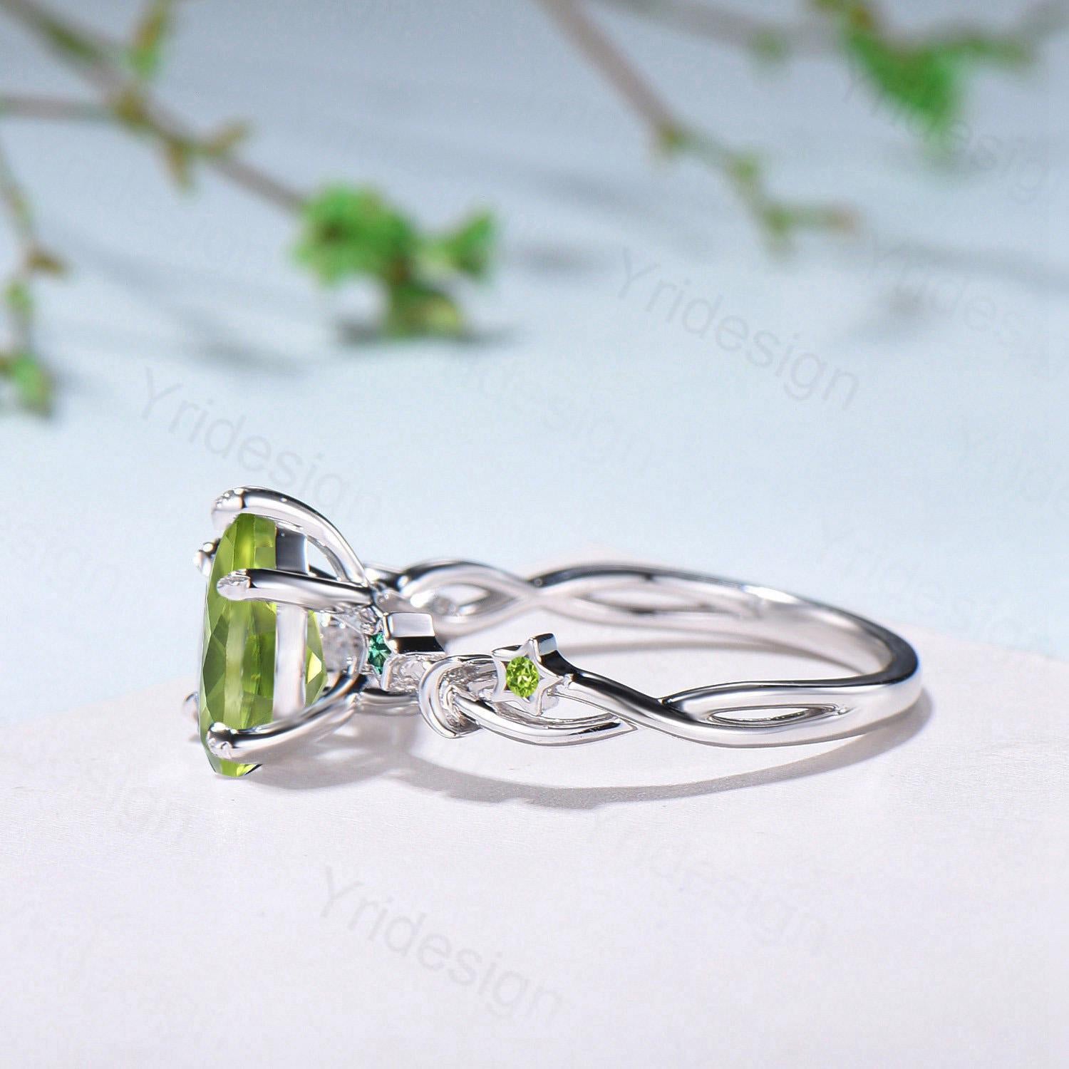 Vintage Peridot Engagement Ring Pear Shaped 14K White Gold Moon Star Emerald Wedding Ring August Birthstone Anniversary Promise Ring Gift - PENFINE