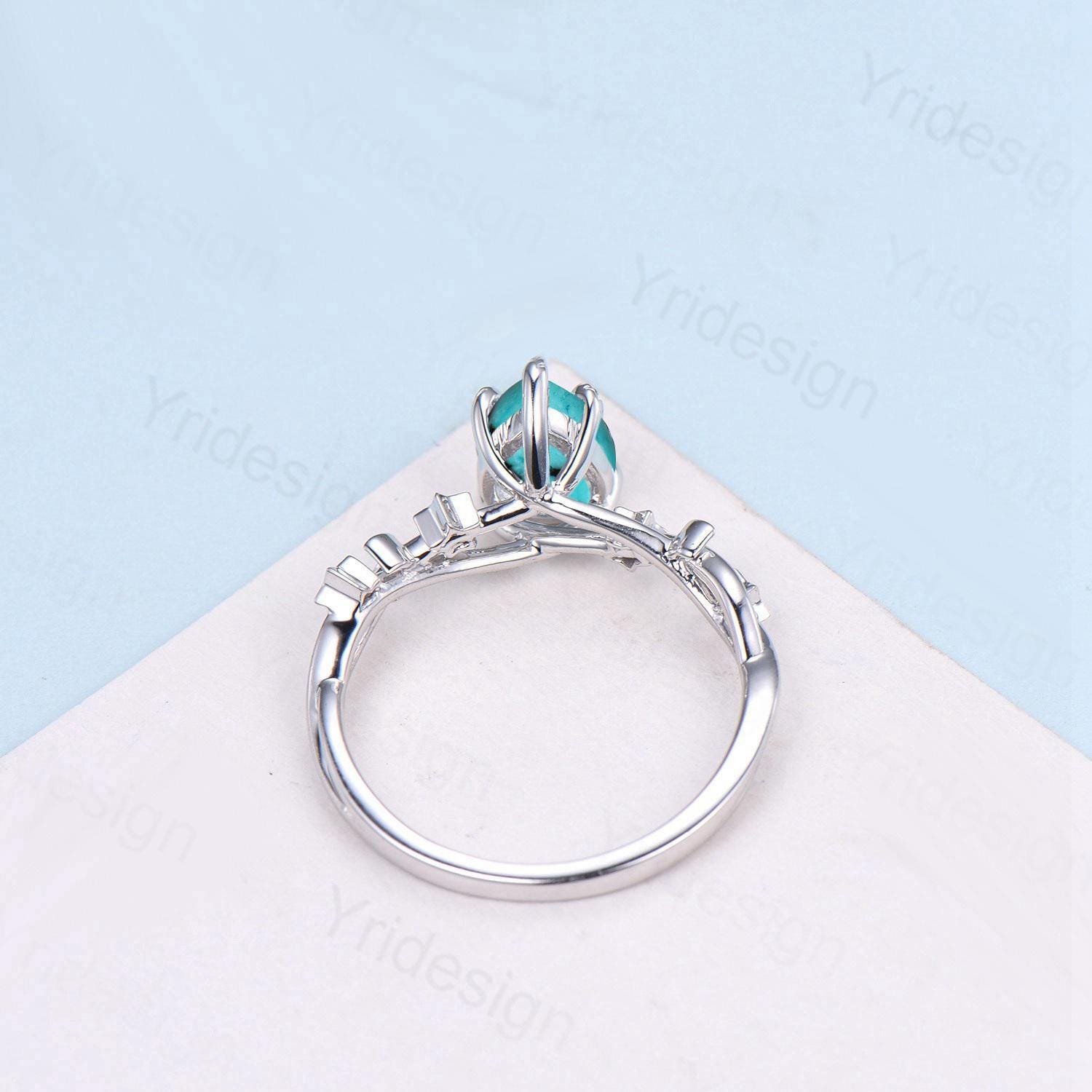 Art Deco Pear Shaped Turquoise Engagement Ring 14K White Gold Moon Star Peridot Wedding Ring Vintage Split Shank Anniversary Ring For Women - PENFINE