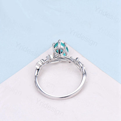 Art Deco Pear Shaped Turquoise Engagement Ring 14K White Gold Moon Star Peridot Wedding Ring Vintage Split Shank Anniversary Ring For Women - PENFINE