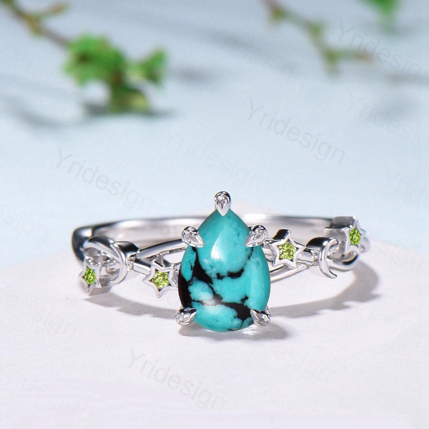 Art Deco Pear Shaped Turquoise Engagement Ring 14K White Gold Moon Star Peridot Wedding Ring Vintage Split Shank Anniversary Ring For Women - PENFINE
