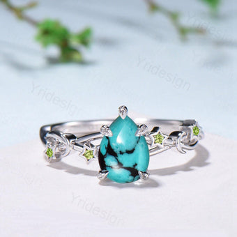 Art Deco Pear Shaped Turquoise Engagement Ring 14K White Gold Moon Star Peridot Wedding Ring Vintage Split Shank Anniversary Ring For Women - PENFINE