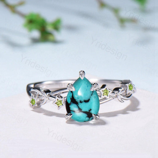 Art Deco Pear Shaped Turquoise Engagement Ring 14K White Gold Moon Star Peridot Wedding Ring Vintage Split Shank Anniversary Ring For Women - PENFINE