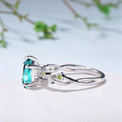 Art Deco Pear Shaped Turquoise Engagement Ring 14K White Gold Moon Star Peridot Wedding Ring Vintage Split Shank Anniversary Ring For Women - PENFINE