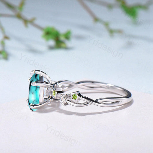 Art Deco Pear Shaped Turquoise Engagement Ring 14K White Gold Moon Star Peridot Wedding Ring Vintage Split Shank Anniversary Ring For Women - PENFINE