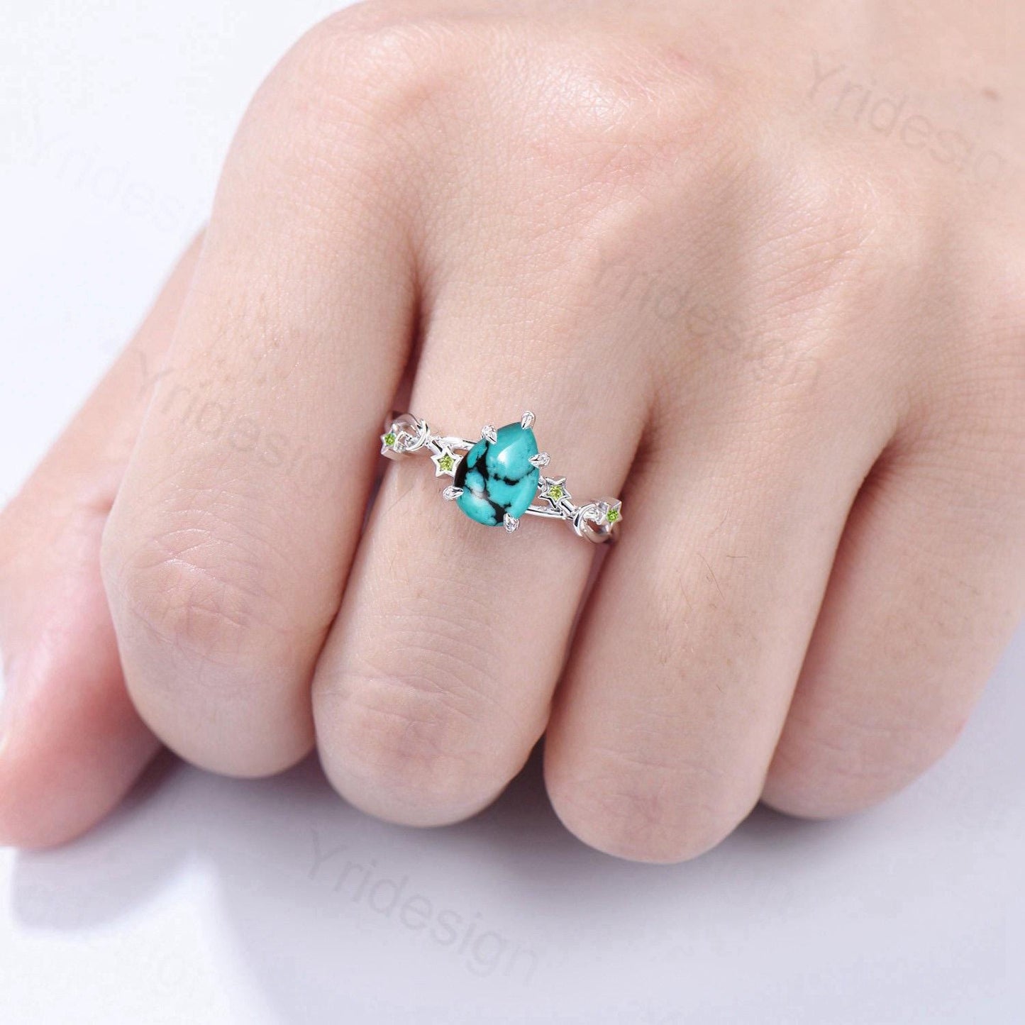 Art Deco Pear Shaped Turquoise Engagement Ring 14K White Gold Moon Star Peridot Wedding Ring Vintage Split Shank Anniversary Ring For Women - PENFINE