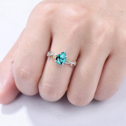 Art Deco Pear Shaped Turquoise Engagement Ring 14K White Gold Moon Star Peridot Wedding Ring Vintage Split Shank Anniversary Ring For Women - PENFINE