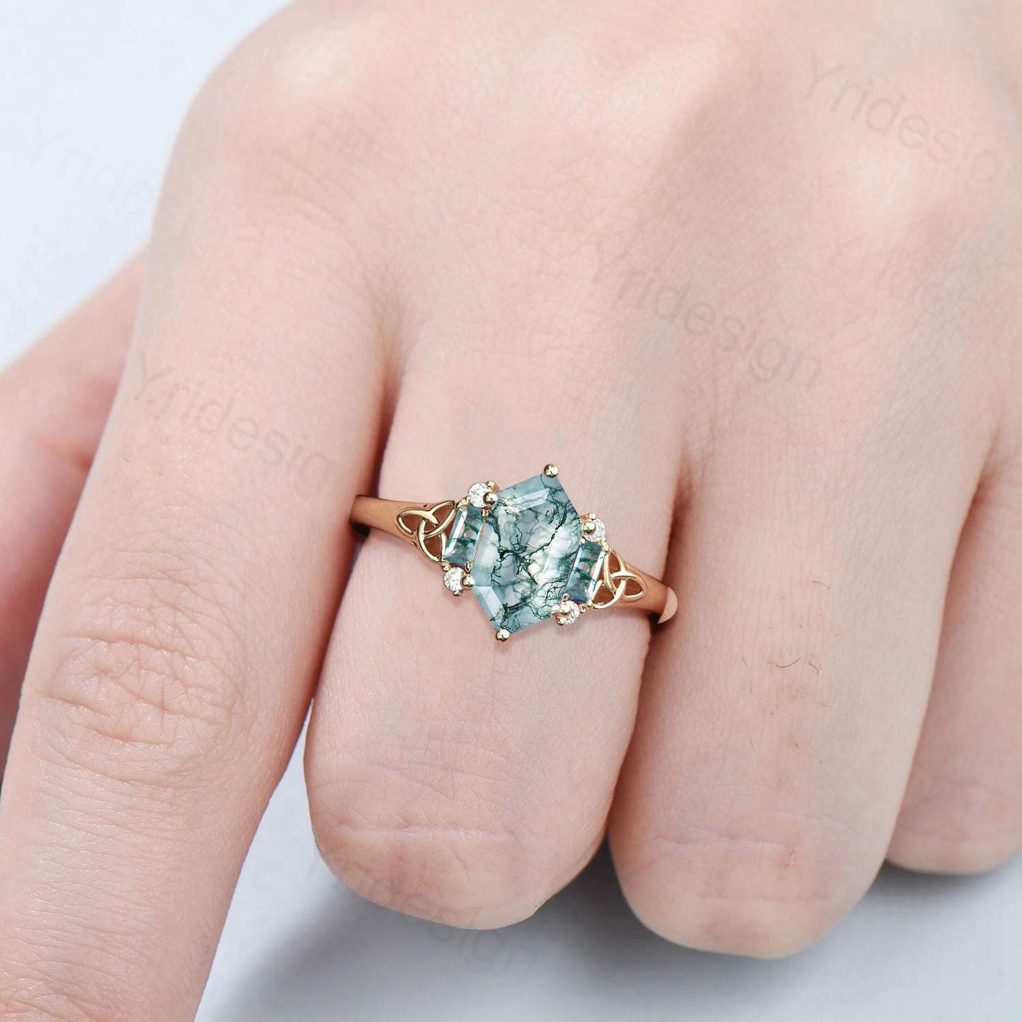 Unique Celtic Knot Long Hexagon Cut Moss Agate Engagement Ring Unique Norse Viking Cluster Baguette Agate Wedding Ring Anniversary gifts - PENFINE