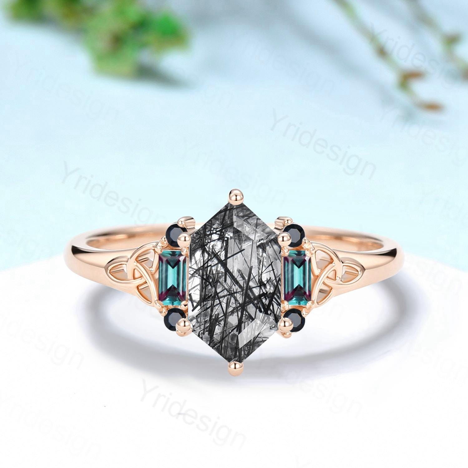 Unique Long Hexagon Cut Black Rutilated Quartz Ring Engagement Ring Norse Viking Cluster Baguette Alexandrite Wedding Ring Anniversary gifts - PENFINE