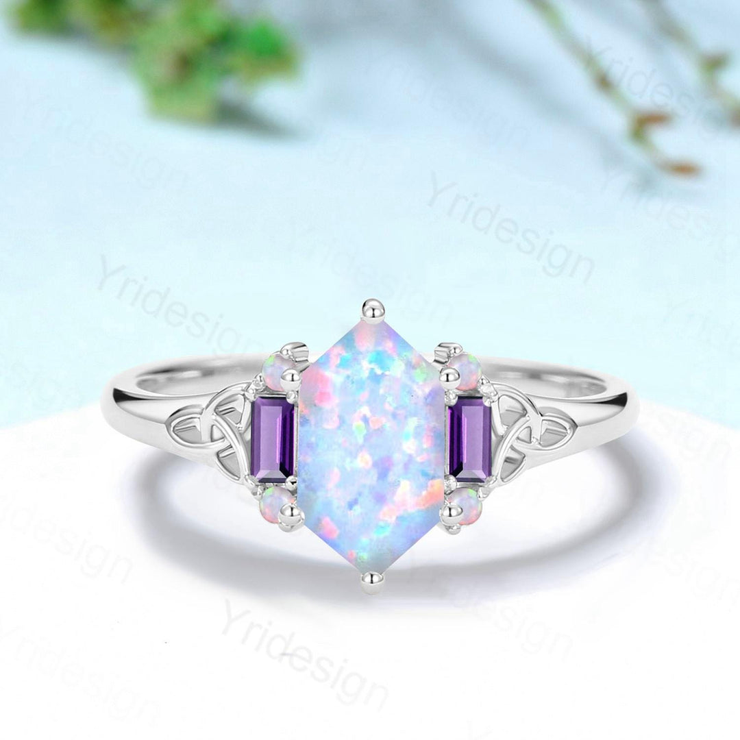 Unique Celtic Knot Long Hexagon Cut White Opal Engagement Ring Unique Norse Viking Cluster Baguette Amethyst Wedding Ring Anniversary gifts - PENFINE