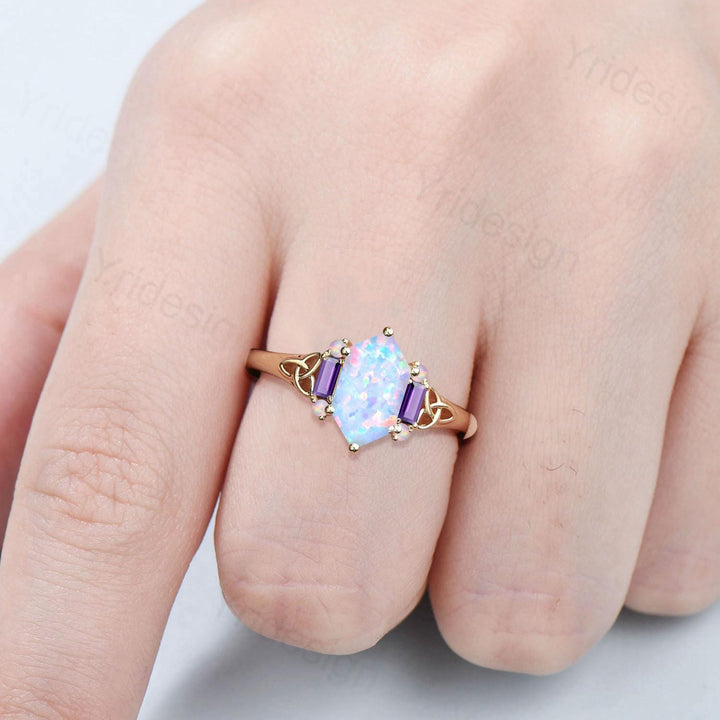Unique Celtic Knot Long Hexagon Cut White Opal Engagement Ring Unique Norse Viking Cluster Baguette Amethyst Wedding Ring Anniversary gifts - PENFINE