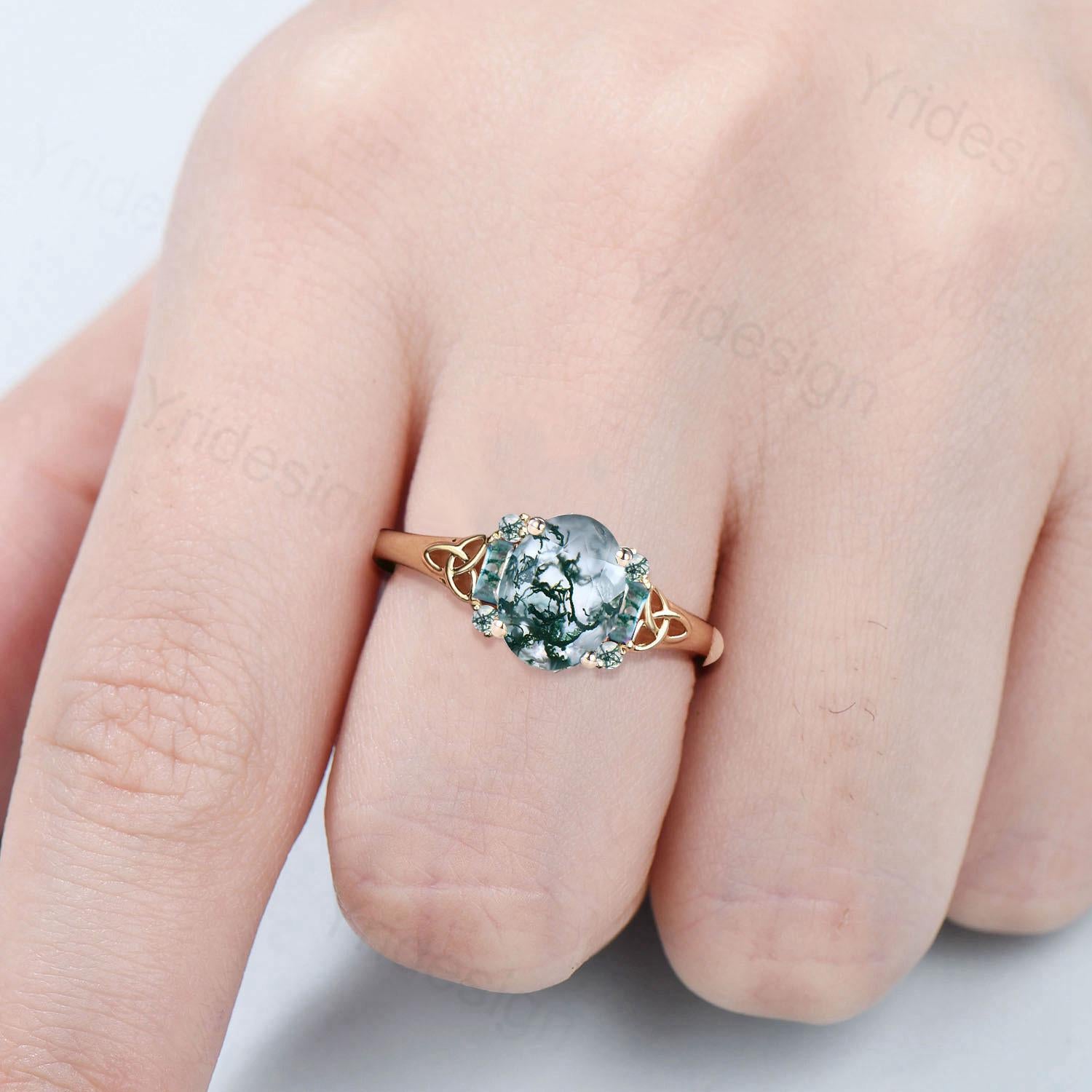 Unique Celtic Knot Oval Cut Natural Moss Agate Engagement Ring Unique Norse Viking Cluster Baguette Amethyst Wedding Ring Anniversary gifts - PENFINE