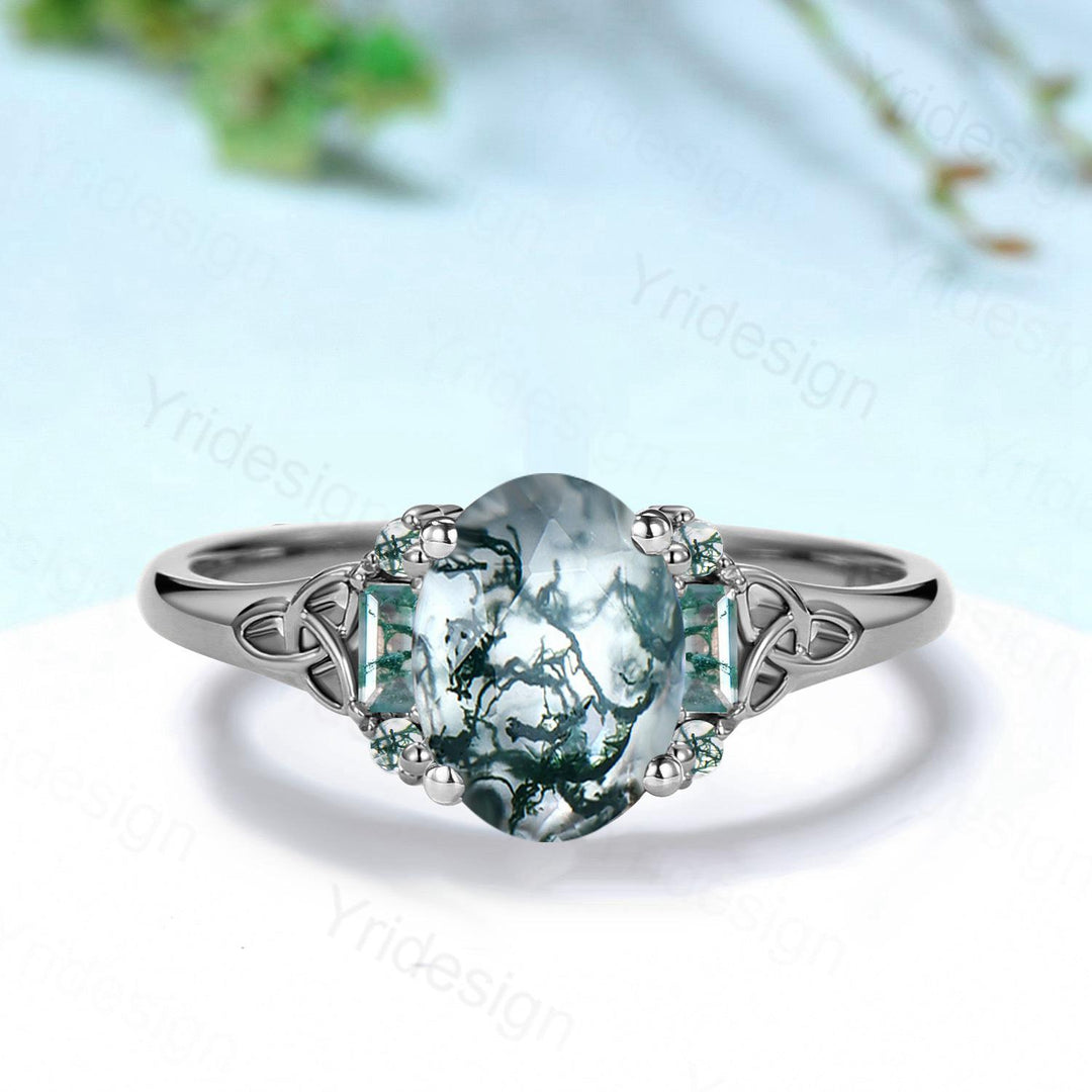Unique Celtic Knot Oval Cut Natural Moss Agate Engagement Ring Unique Norse Viking Cluster Baguette Amethyst Wedding Ring Anniversary gifts - PENFINE