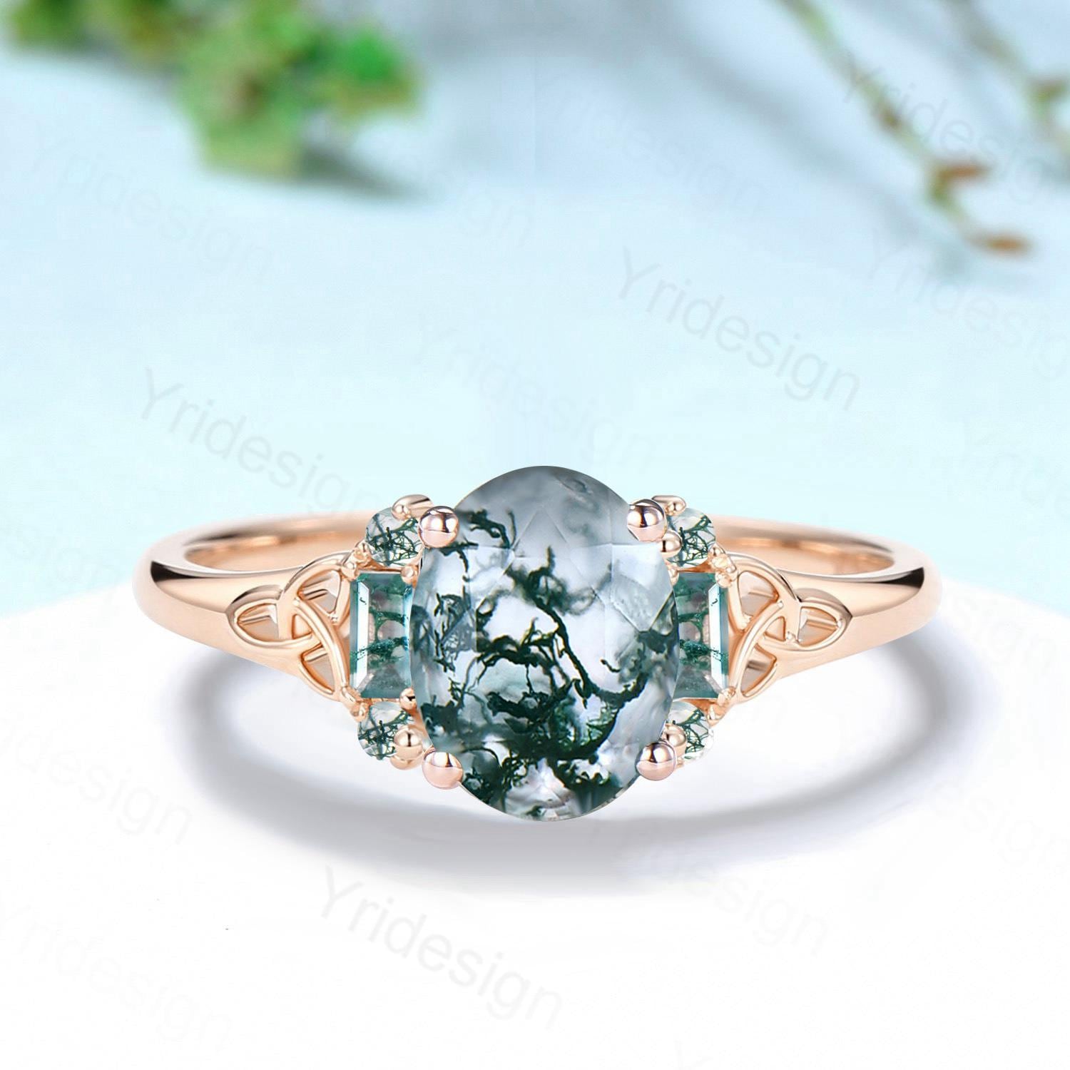 Unique Celtic Knot Oval Cut Natural Moss Agate Engagement Ring Unique Norse Viking Cluster Baguette Amethyst Wedding Ring Anniversary gifts - PENFINE
