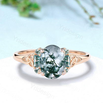Unique Celtic Knot Oval Cut Natural Moss Agate Engagement Ring Unique Norse Viking Cluster Baguette Amethyst Wedding Ring Anniversary gifts - PENFINE