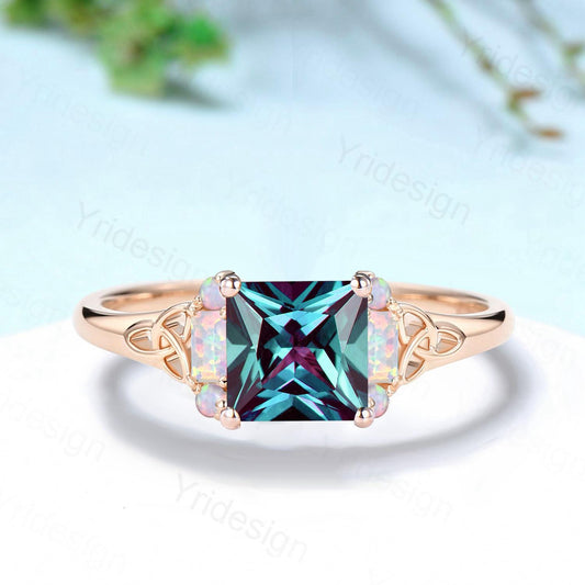 Unique Celtic Knot Princess Cut Alexandrite Engagement Ring Norse Viking Cluster Baguette Opal Alexandrite Wedding Ring Anniversary gifts - PENFINE