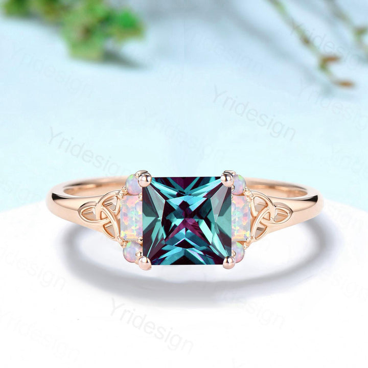 Unique Celtic Knot Princess Cut Alexandrite Engagement Ring Norse Viking Cluster Baguette Opal Alexandrite Wedding Ring Anniversary gifts - PENFINE
