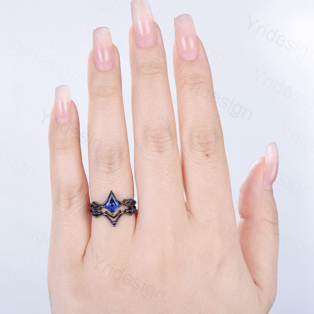 Art Deco black gold blue sapphire engagement ring set split shank kite cut blue sapphire wedding ring elegant anniversary bridal set women - PENFINE