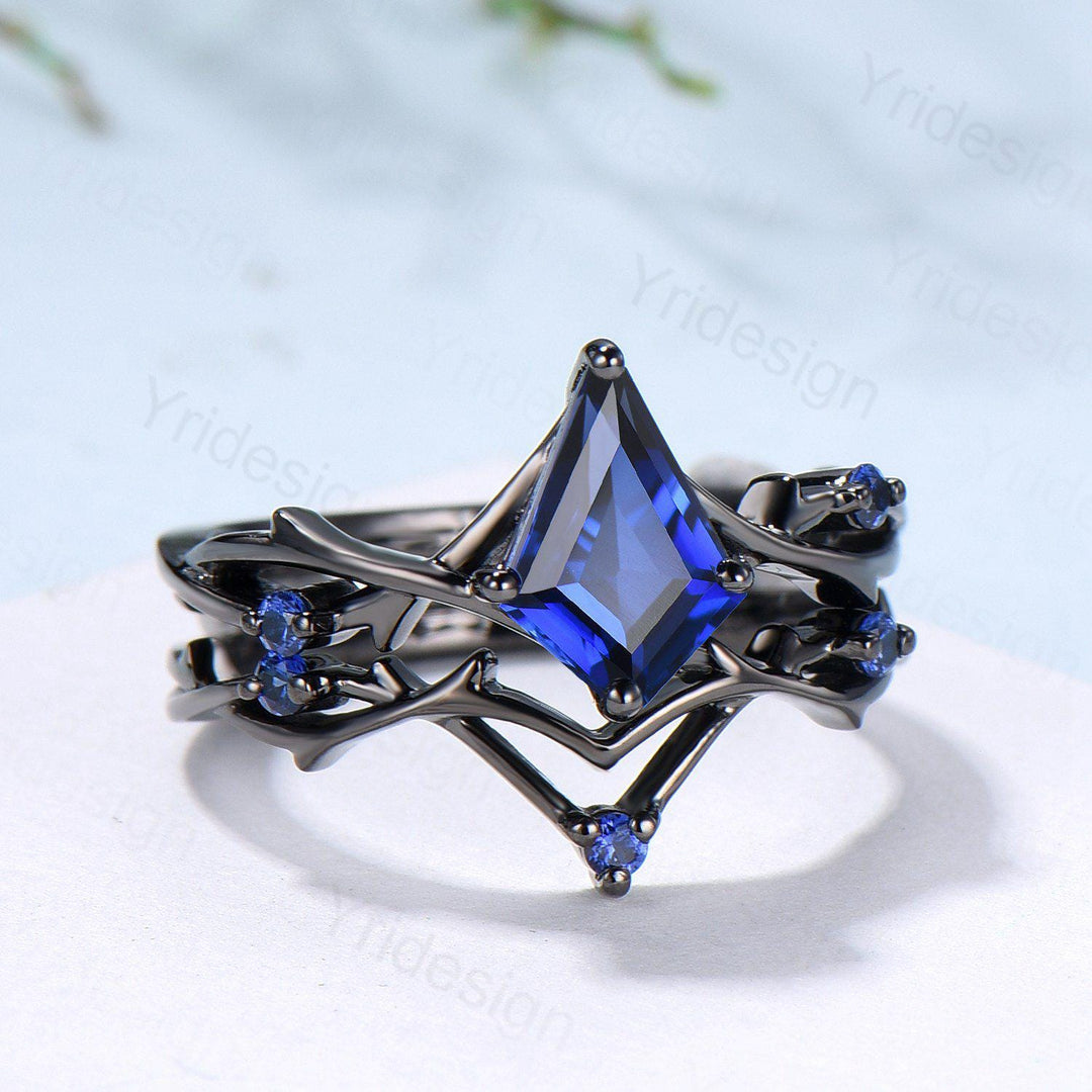 Art Deco black gold blue sapphire engagement ring set split shank kite cut blue sapphire wedding ring elegant anniversary bridal set women - PENFINE