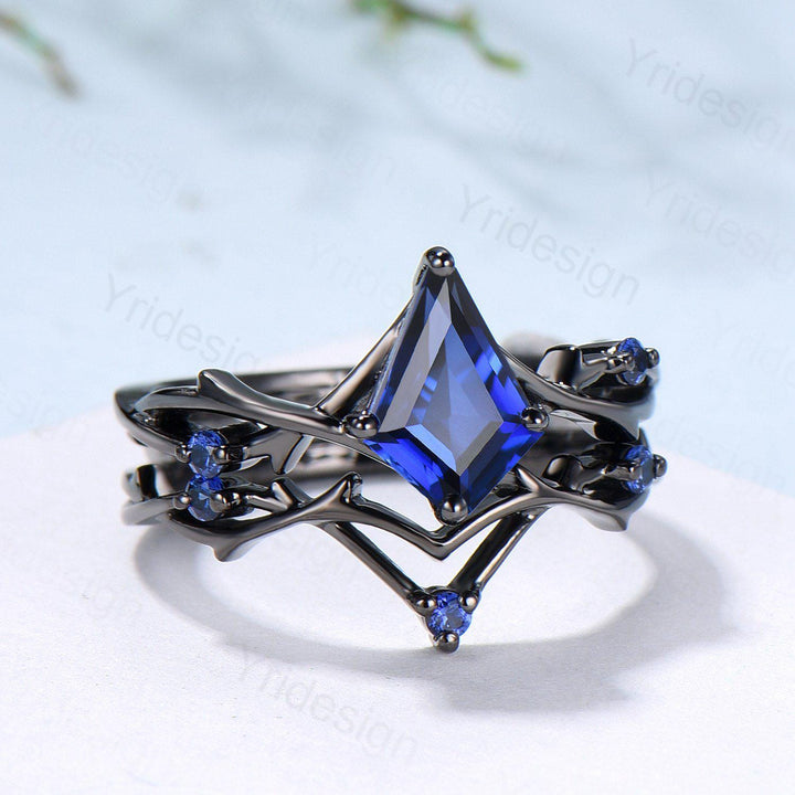 Art Deco black gold blue sapphire engagement ring set split shank kite cut blue sapphire wedding ring elegant anniversary bridal set women - PENFINE