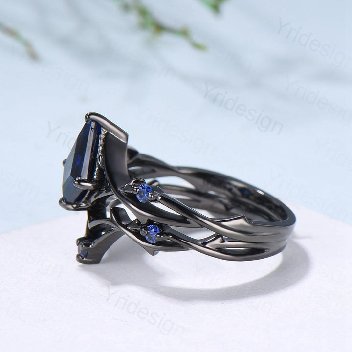 Art Deco black gold blue sapphire engagement ring set split shank kite cut blue sapphire wedding ring elegant anniversary bridal set women - PENFINE