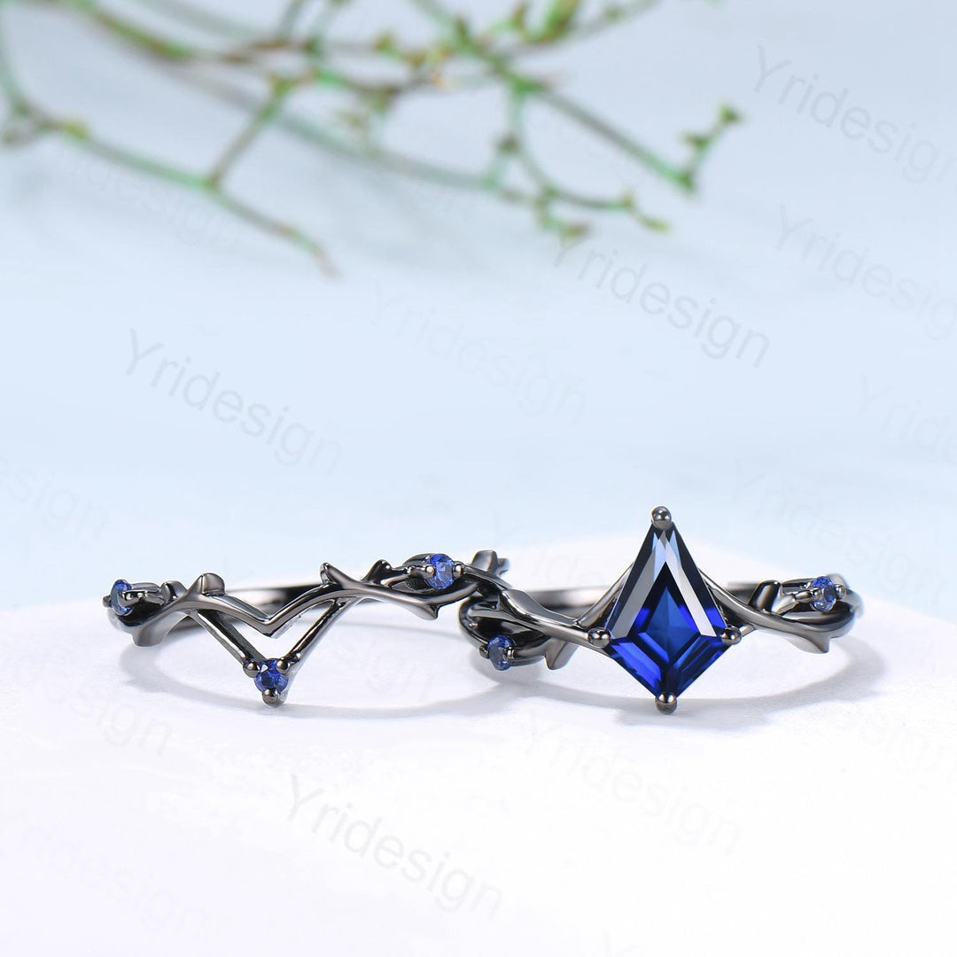 Art Deco black gold blue sapphire engagement ring set split shank kite cut blue sapphire wedding ring elegant anniversary bridal set women - PENFINE