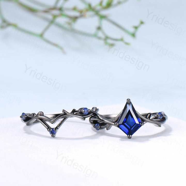 Art Deco black gold blue sapphire engagement ring set split shank kite cut blue sapphire wedding ring elegant anniversary bridal set women - PENFINE