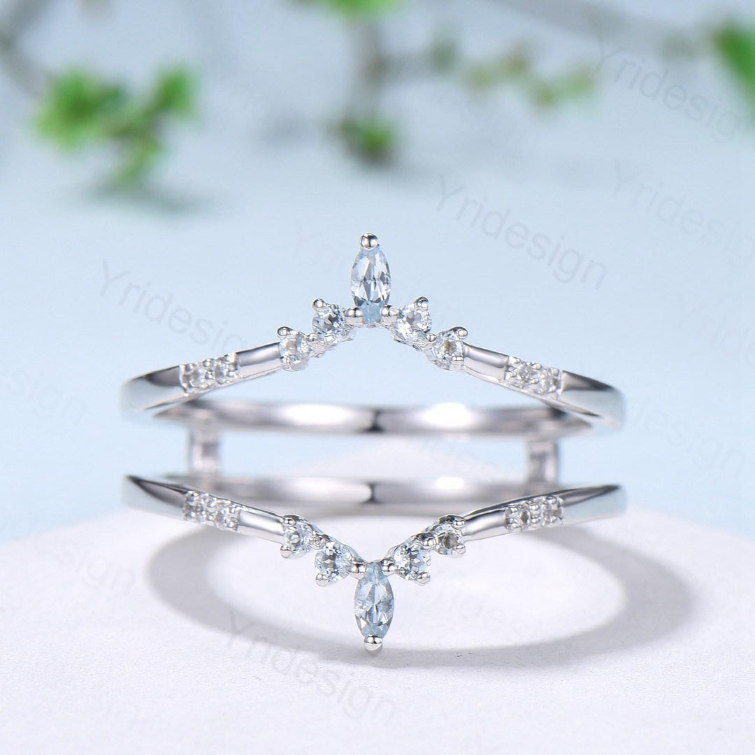 Double Curved Aquamarine Wedding Band Sterling Silver White Gold Enhancer Stacking Aquamarine Matching Nesting Band Jacket Anniversary Gifts - PENFINE