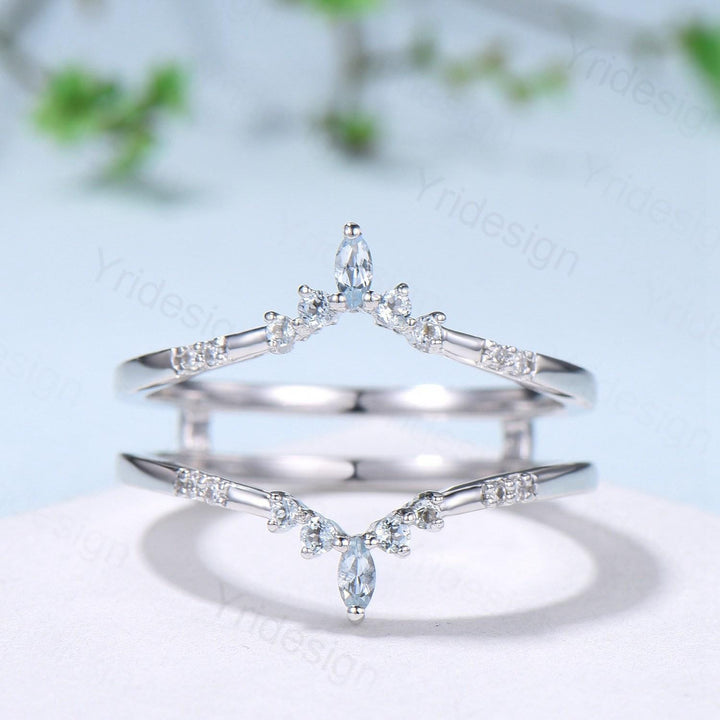 Double Curved Aquamarine Wedding Band Sterling Silver White Gold Enhancer Stacking Aquamarine Matching Nesting Band Jacket Anniversary Gifts - PENFINE