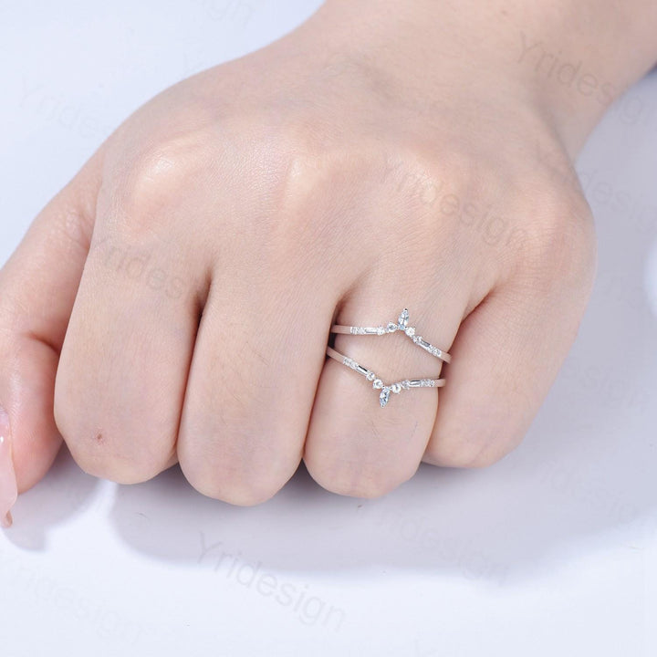 Double Curved Aquamarine Wedding Band Sterling Silver White Gold Enhancer Stacking Aquamarine Matching Nesting Band Jacket Anniversary Gifts - PENFINE