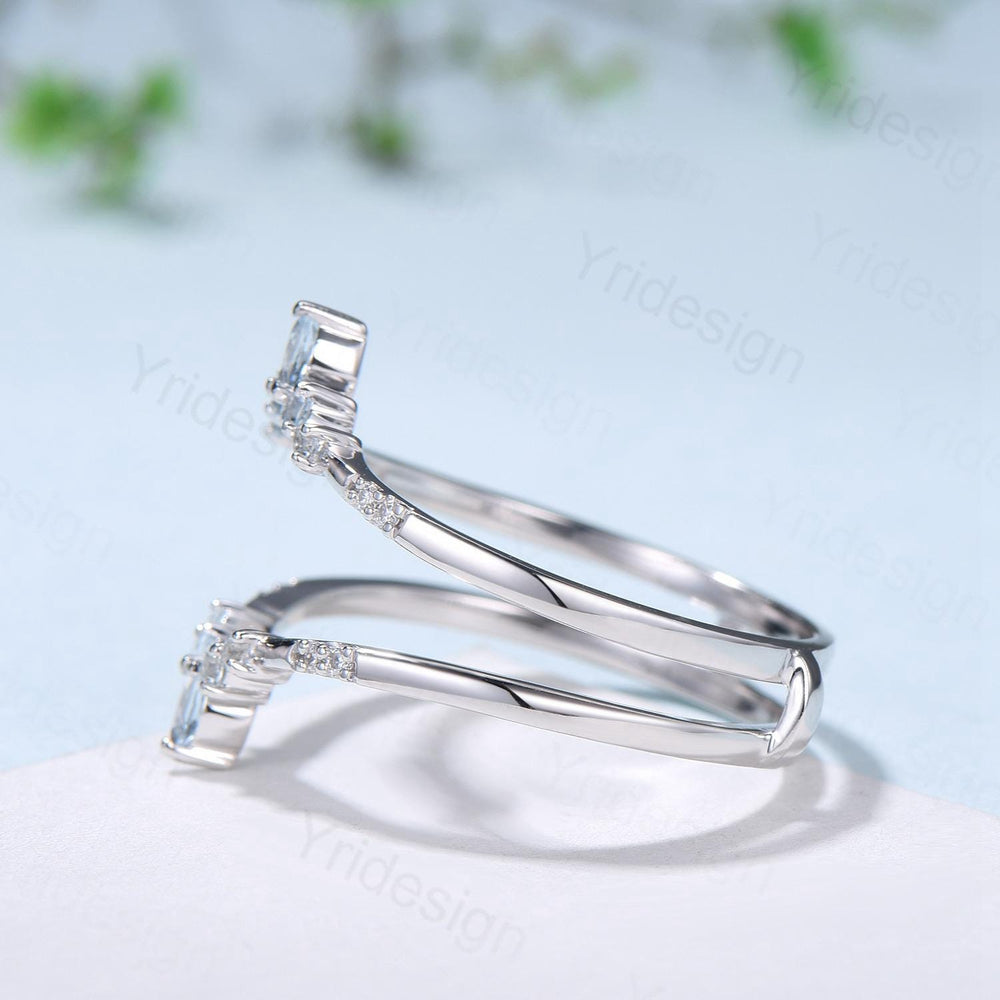 Double Curved Aquamarine Wedding Band Sterling Silver White Gold Enhancer Stacking Aquamarine Matching Nesting Band Jacket Anniversary Gifts - PENFINE