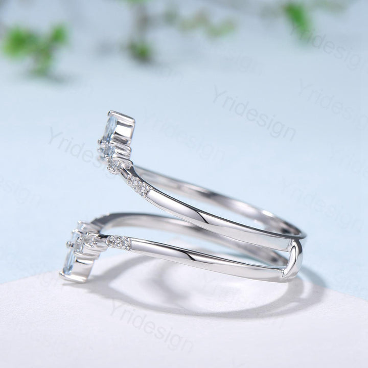 Double Curved Aquamarine Wedding Band Sterling Silver White Gold Enhancer Stacking Aquamarine Matching Nesting Band Jacket Anniversary Gifts - PENFINE
