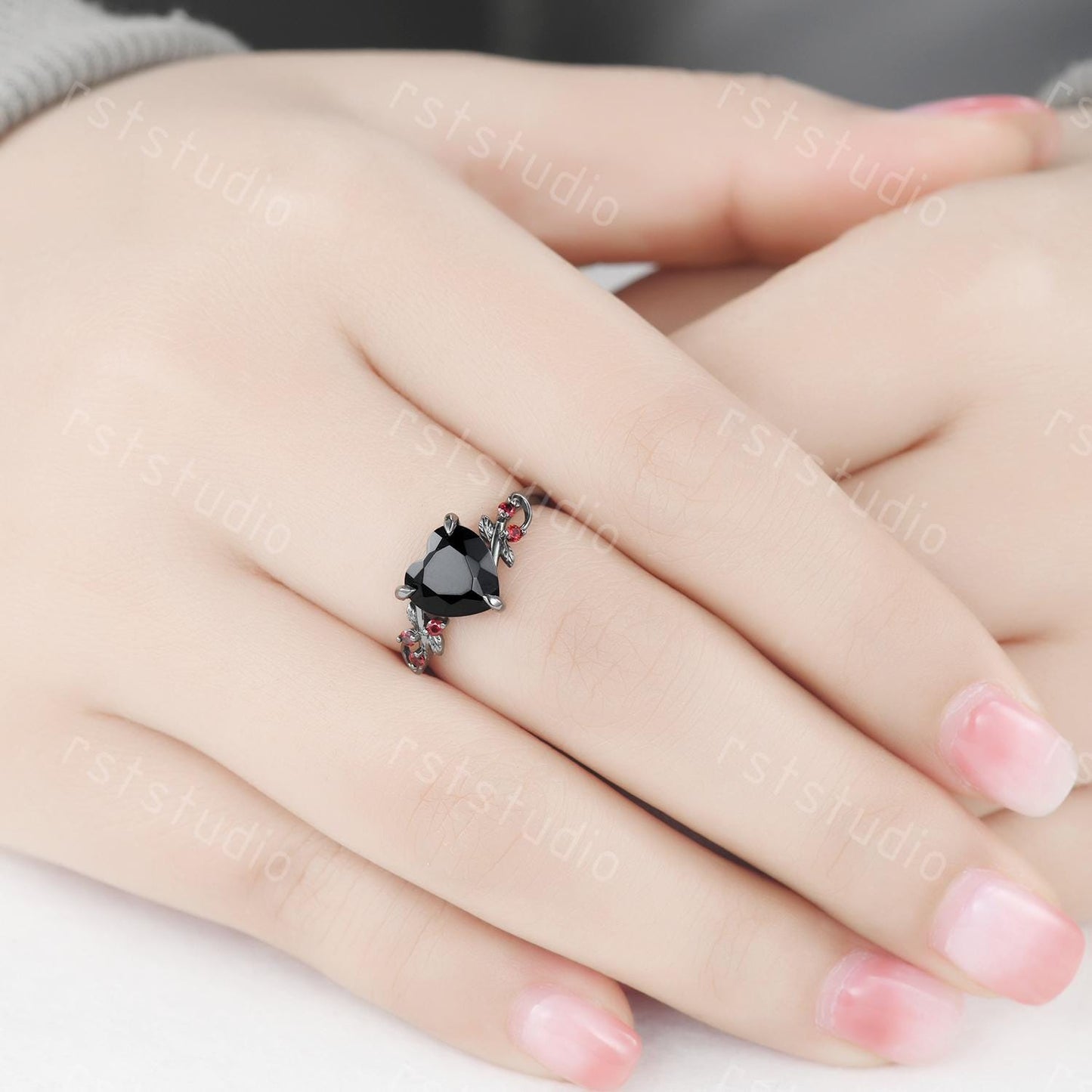 Gothic Black Onyx Heart Ring Set: Tungsten Wedding Band, Garnet Accent