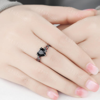 Gothic Black Onyx Heart Ring Set: Tungsten Wedding Band, Garnet Accent