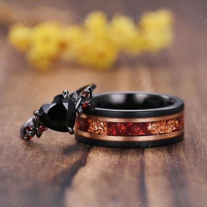 Gothic Black Onyx Heart Ring Set: Tungsten Wedding Band, Garnet Accent