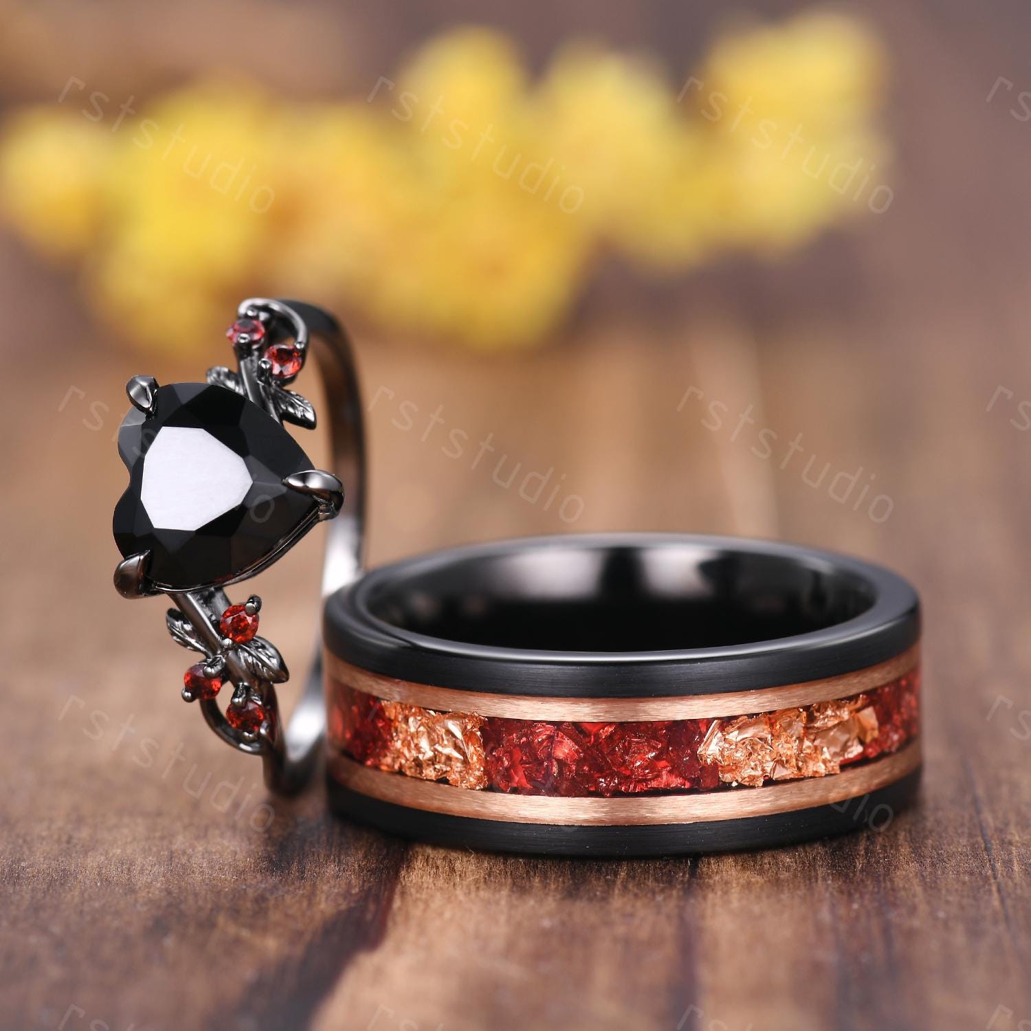 Gothic Black Onyx Heart Ring Set: Tungsten Wedding Band, Garnet Accent