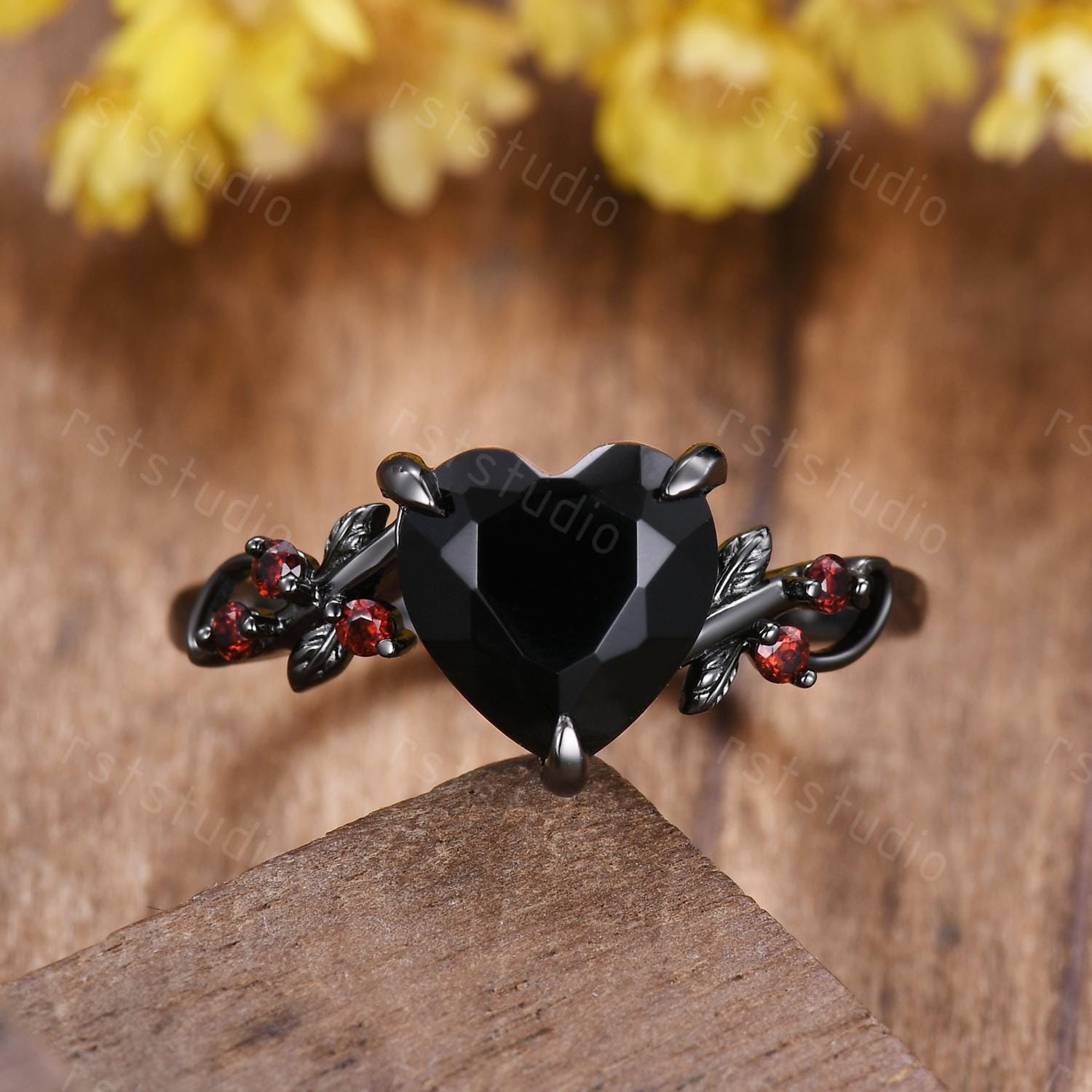 Gothic Black Onyx Heart Ring Set: Tungsten Wedding Band, Garnet Accent