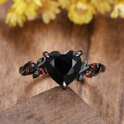 Gothic Black Onyx Heart Ring Set: Tungsten Wedding Band, Garnet Accent
